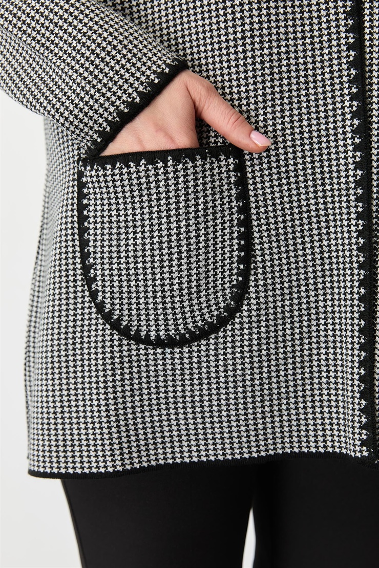 Mutlu Ertan Kadın Kazayağı Desenli Merrowlu Hırka Siyah-Ekru 20094