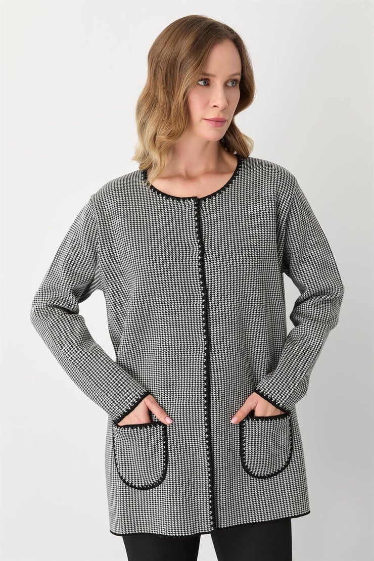 Mutlu Ertan Kadın Kazayağı Desenli Merrowlu Hırka Siyah-Ekru 20094