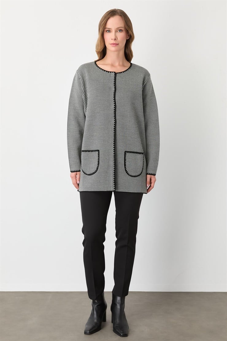 Mutlu Ertan Kadın Kazayağı Desenli Merrowlu Hırka Siyah-Ekru 20094