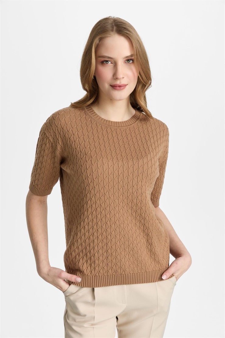 Mutlu Ertan Kadın Kısa Kollu Saç Örgü Bluz Camel 20327