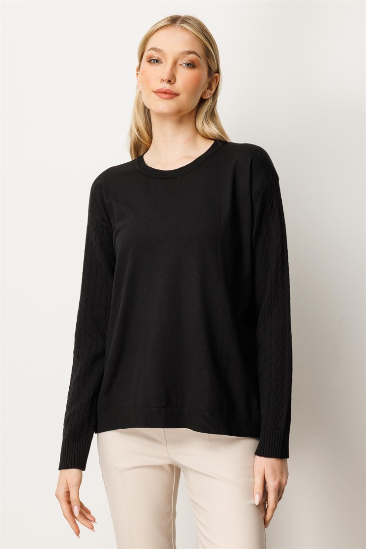 Mutlu Ertan Kadın Kolları Yürütmeli Sıfır Yaka Triko Bluz Siyah 20255