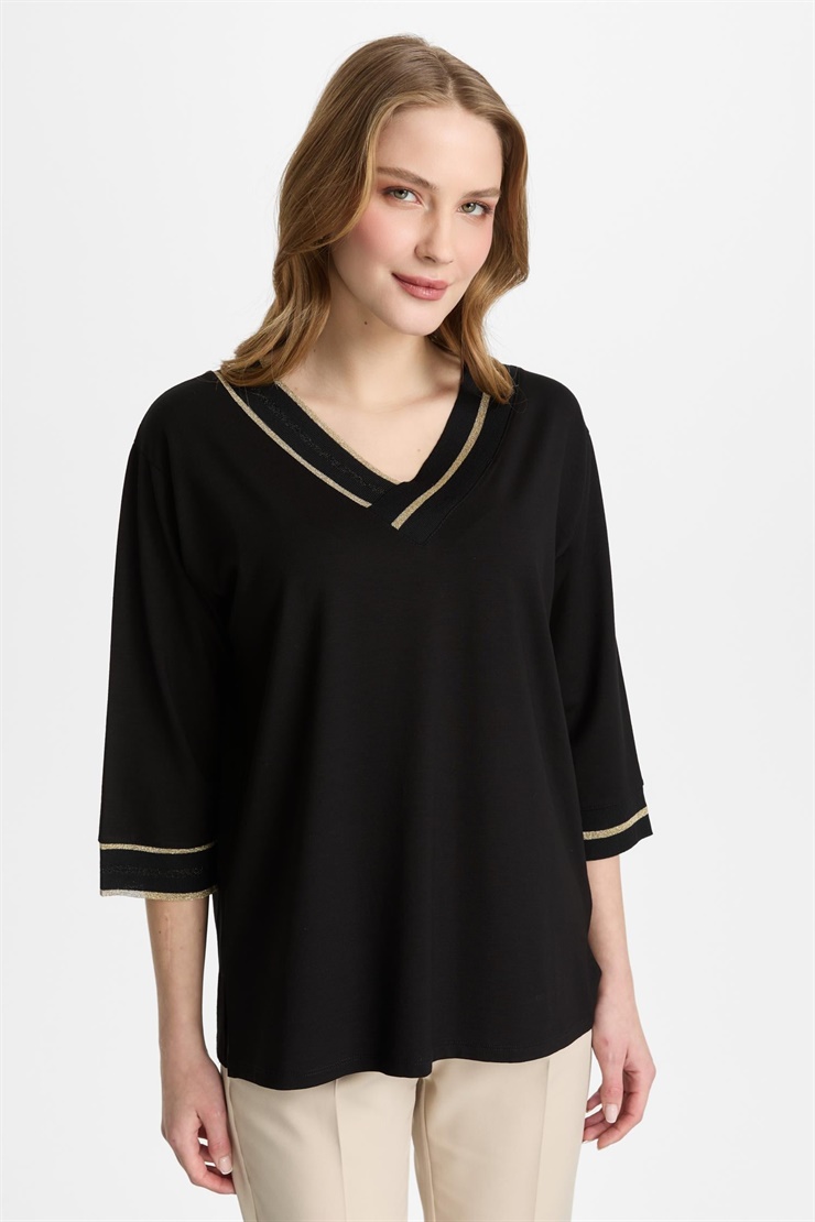 Mutlu Ertan Kadın Kontrast Ribanalı Kapri Kollu Bluz Siyah-Gold 30458