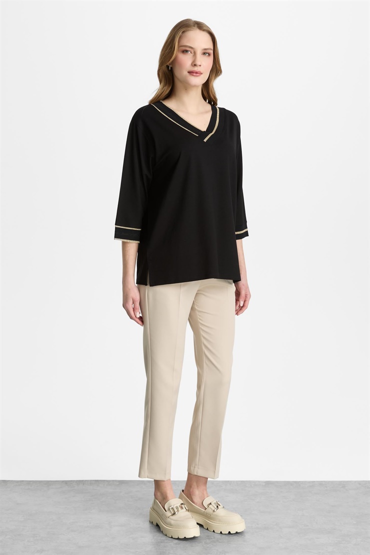Mutlu Ertan Kadın Kontrast Ribanalı Kapri Kollu Bluz Siyah-Gold 30458