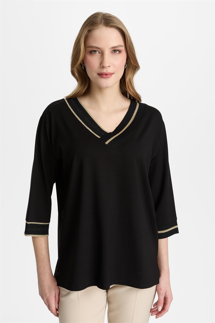 Mutlu Ertan Kadın Kontrast Ribanalı Kapri Kollu Bluz Siyah-Gold 30458