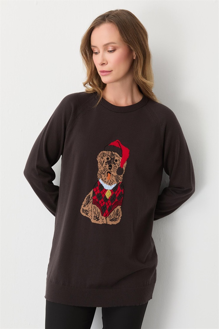 Mutlu Ertan Kadın Köpek Desenli Triko Bluz Kahve 20292