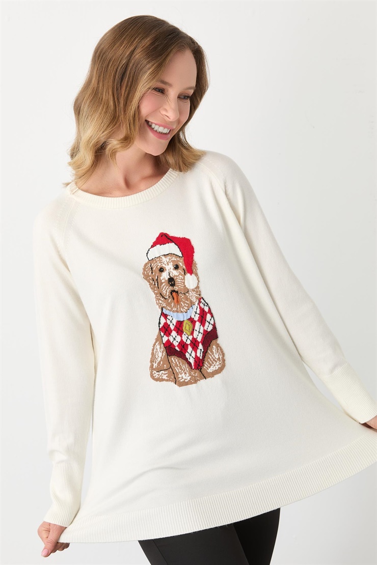 Mutlu Ertan Kadın Köpek Desenli Triko Bluz Ekru 20292