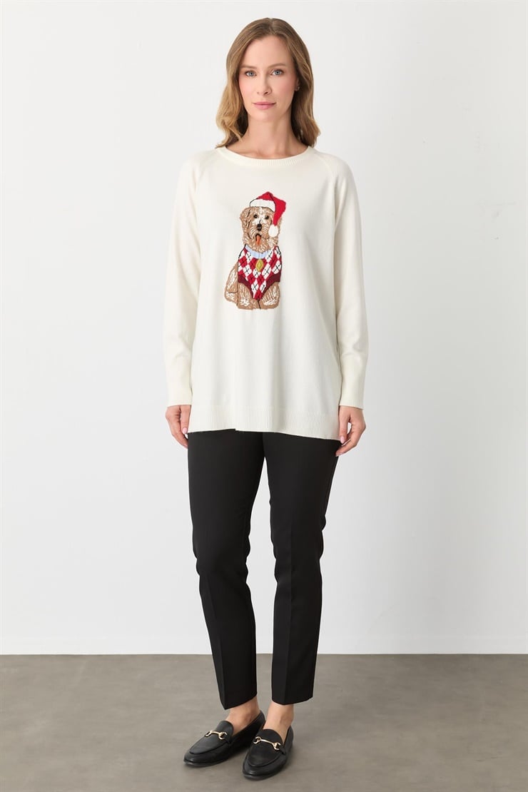 Mutlu Ertan Kadın Köpek Desenli Triko Bluz Ekru 20292