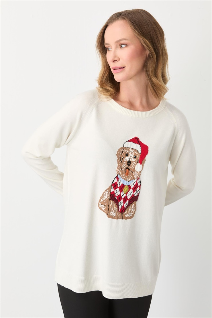Mutlu Ertan Kadın Köpek Desenli Triko Bluz Ekru 20292