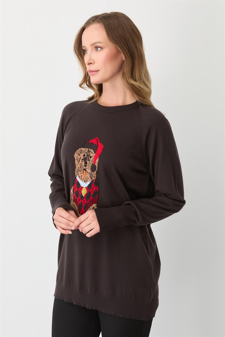 Mutlu Ertan Kadın Köpek Desenli Triko Bluz Kahve 20292