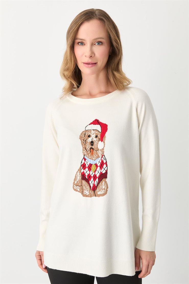 Mutlu Ertan Kadın Köpek Desenli Triko Bluz Ekru 20292