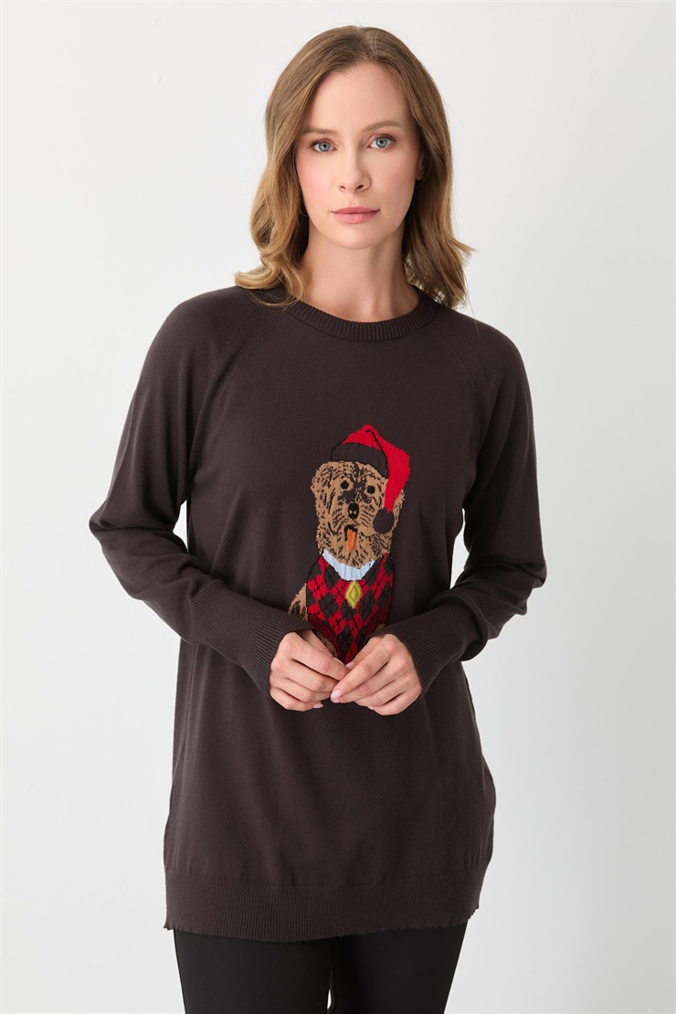 Mutlu Ertan Kadın Köpek Desenli Triko Bluz Kahve 20292