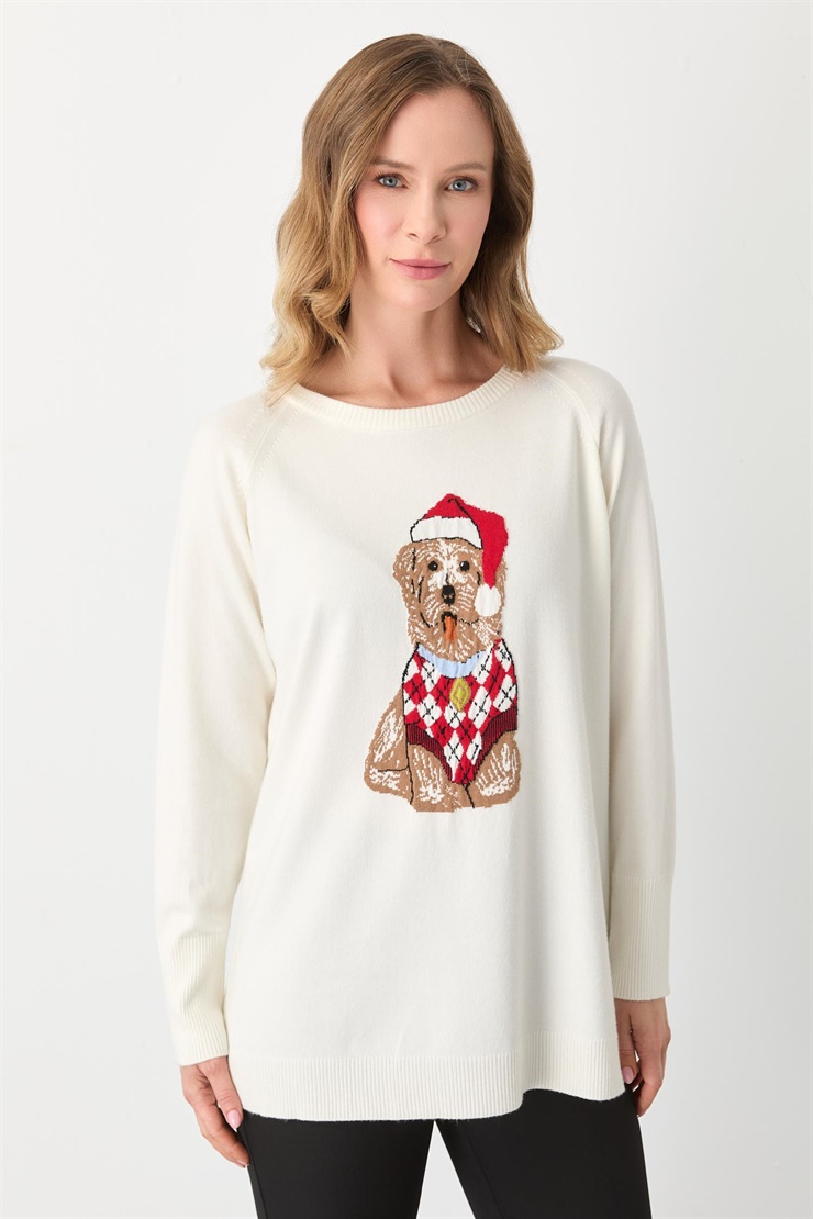 Mutlu Ertan Kadın Köpek Desenli Triko Bluz Ekru 20292