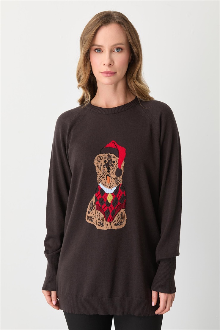 Mutlu Ertan Kadın Köpek Desenli Triko Bluz Kahve 20292