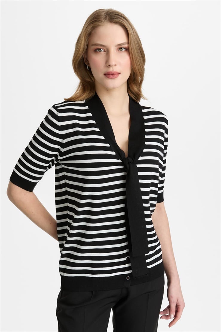 Mutlu Ertan Kadın Kravat Detalı Çizgili Bluz Siyah-Ekru 20311