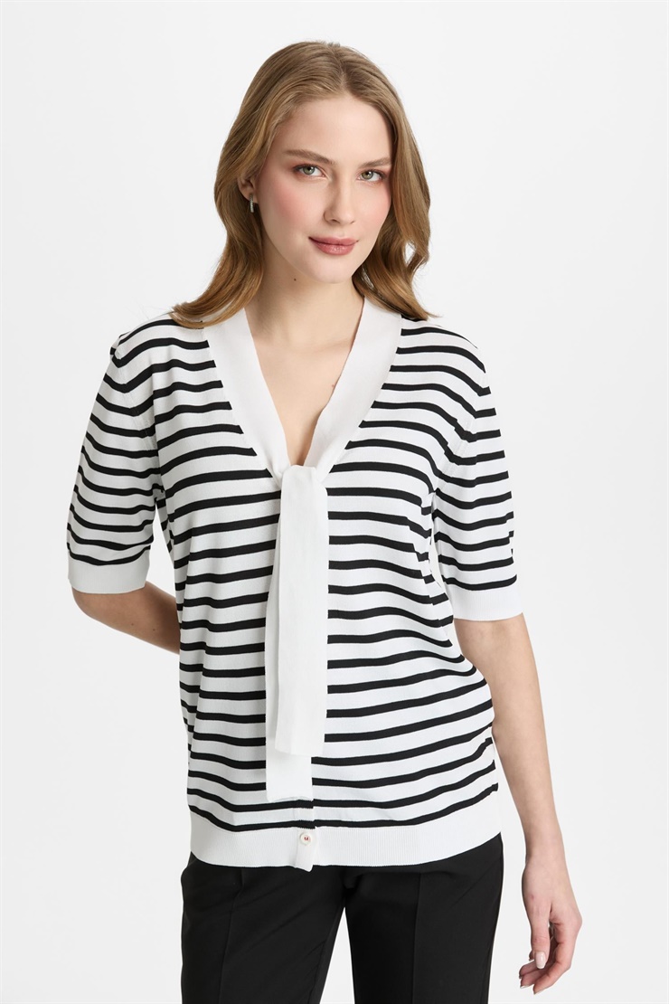 Mutlu Ertan Kadın Kravat Detalı Çizgili Bluz Ekru - Siyah 20311