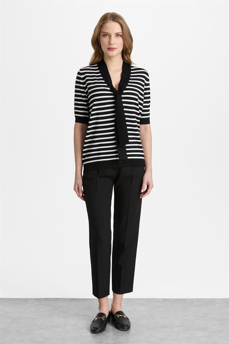 Mutlu Ertan Kadın Kravat Detalı Çizgili Bluz Siyah-Ekru 20311