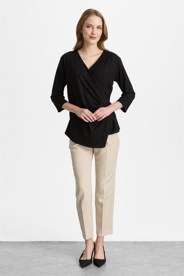 Mutlu Ertan Kadın Kruvaze Simli Bluz Siyah 30486