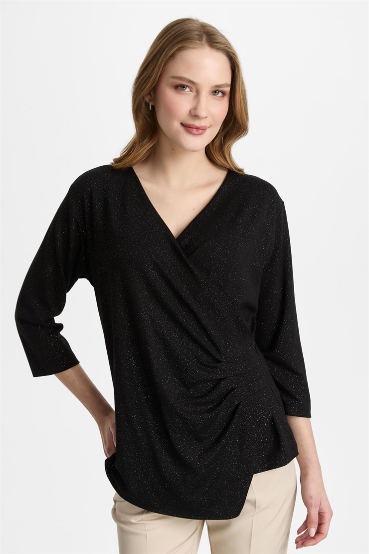 Mutlu Ertan Kadın Kruvaze Simli Bluz Siyah 30486