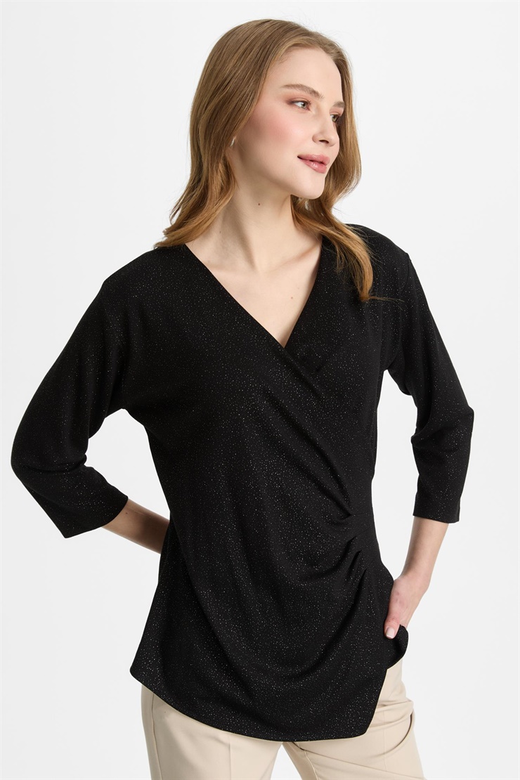 Mutlu Ertan Kadın Kruvaze Simli Bluz Siyah 30486