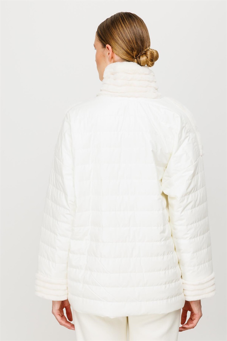 Mutlu Ertan Kadın Kürk Kombinli Kapitone Yakalı Mont Ekru 30196