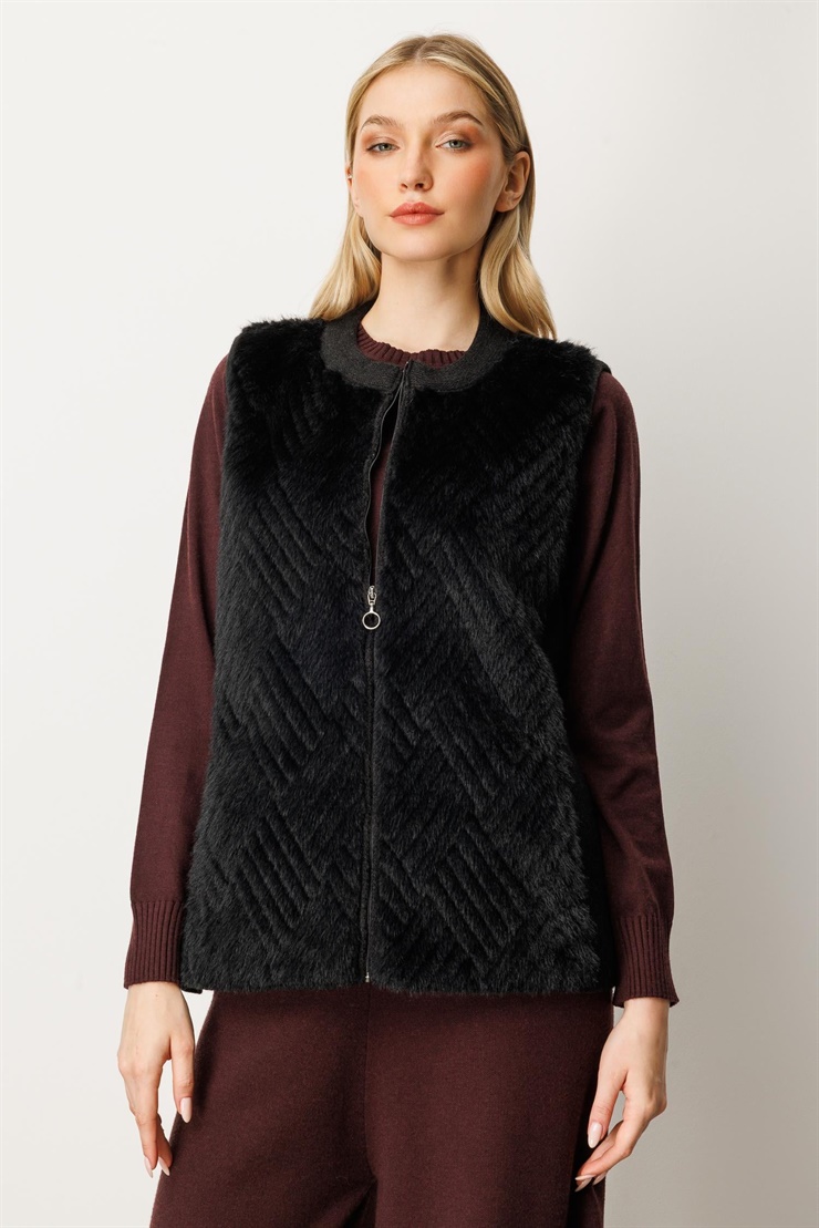 Mutlu Ertan Kadın Kürk Kombinli Triko Yelek Siyah 20218