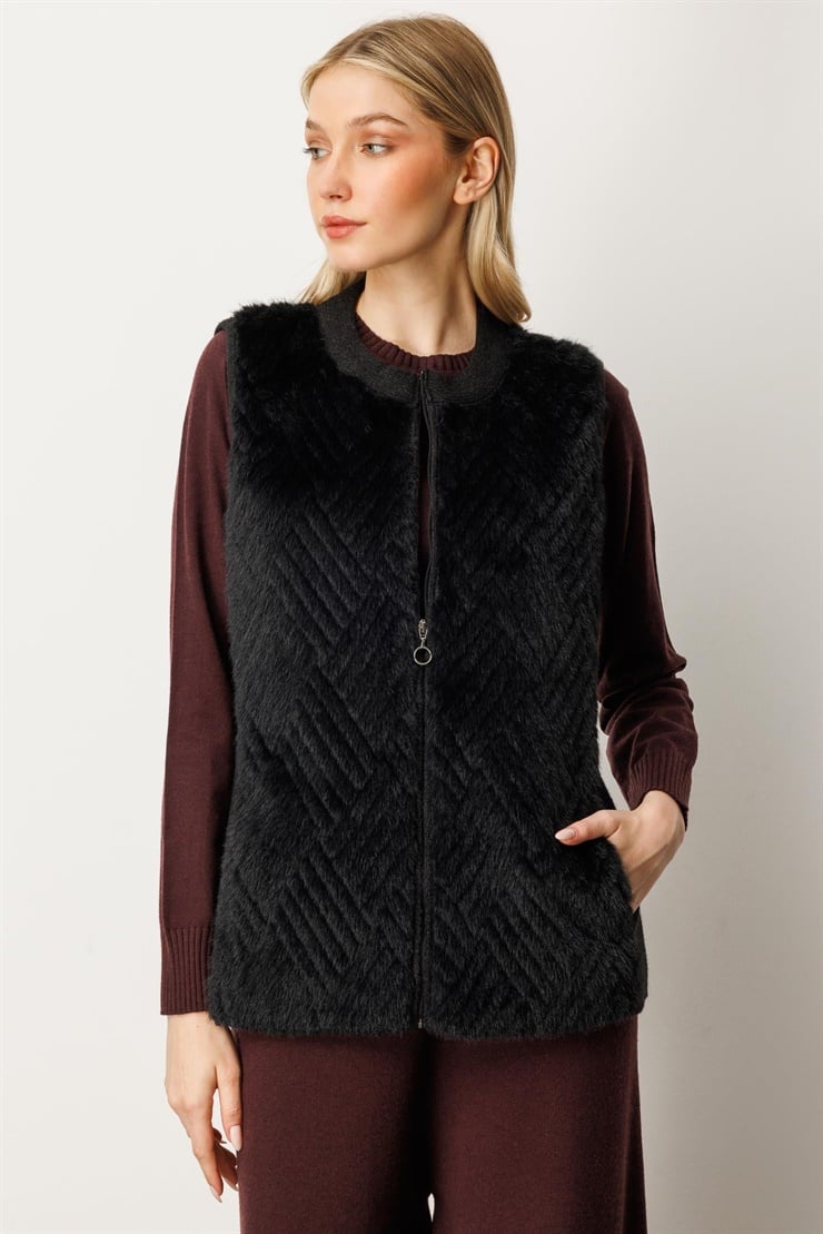 Mutlu Ertan Kadın Kürk Kombinli Triko Yelek Siyah 20218