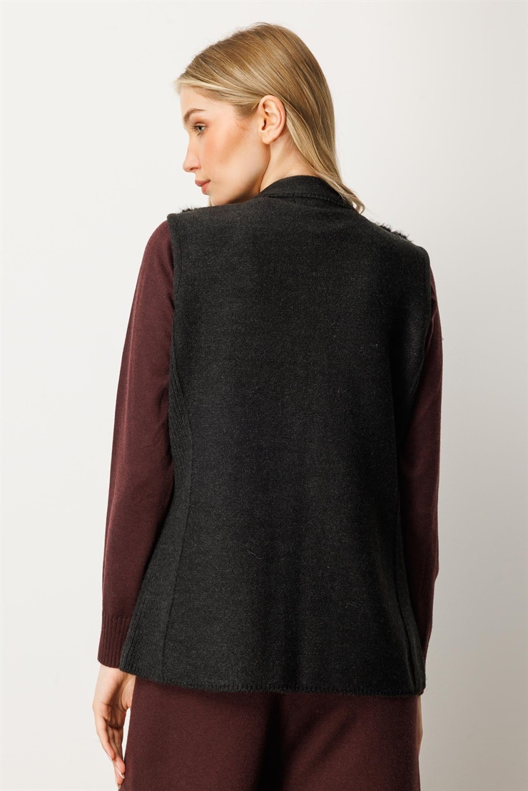 Mutlu Ertan Kadın Kürk Kombinli Triko Yelek Siyah 20218