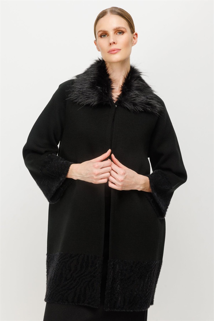 Mutlu Ertan Kadın Kürk Yaka Detaylı Triko Hırka Siyah 20043