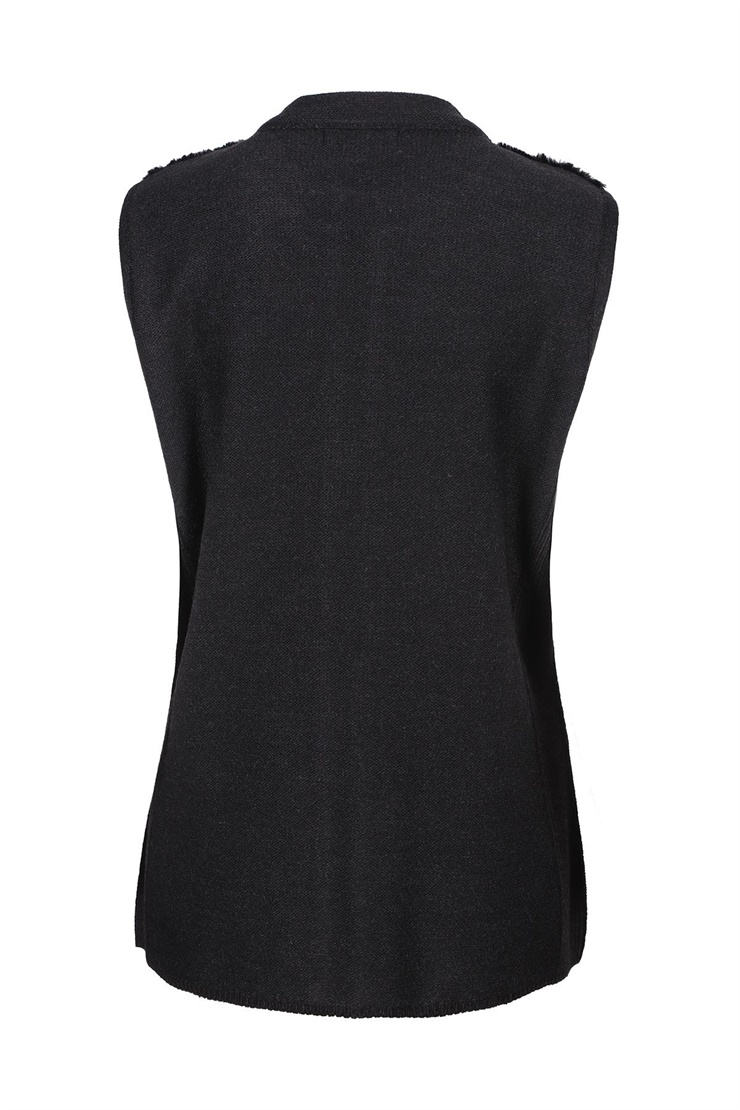 Mutlu Ertan Kadın Kürklü  Fermuarlı Triko Yelek Siyah 2716