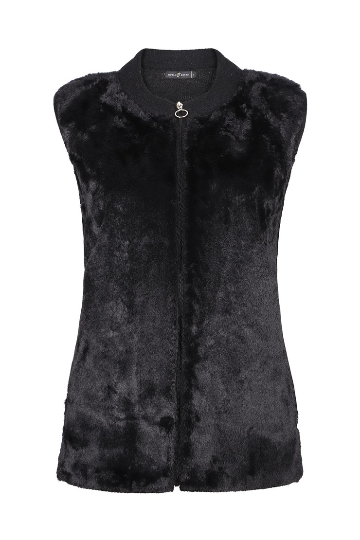 Mutlu Ertan Kadın Kürklü  Fermuarlı Triko Yelek Siyah 2716