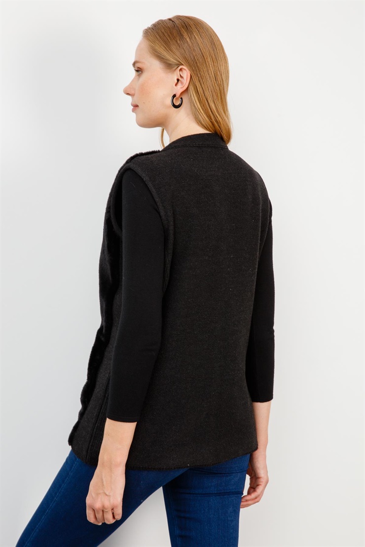 Mutlu Ertan Kadın Kürklü  Fermuarlı Triko Yelek Siyah 2716