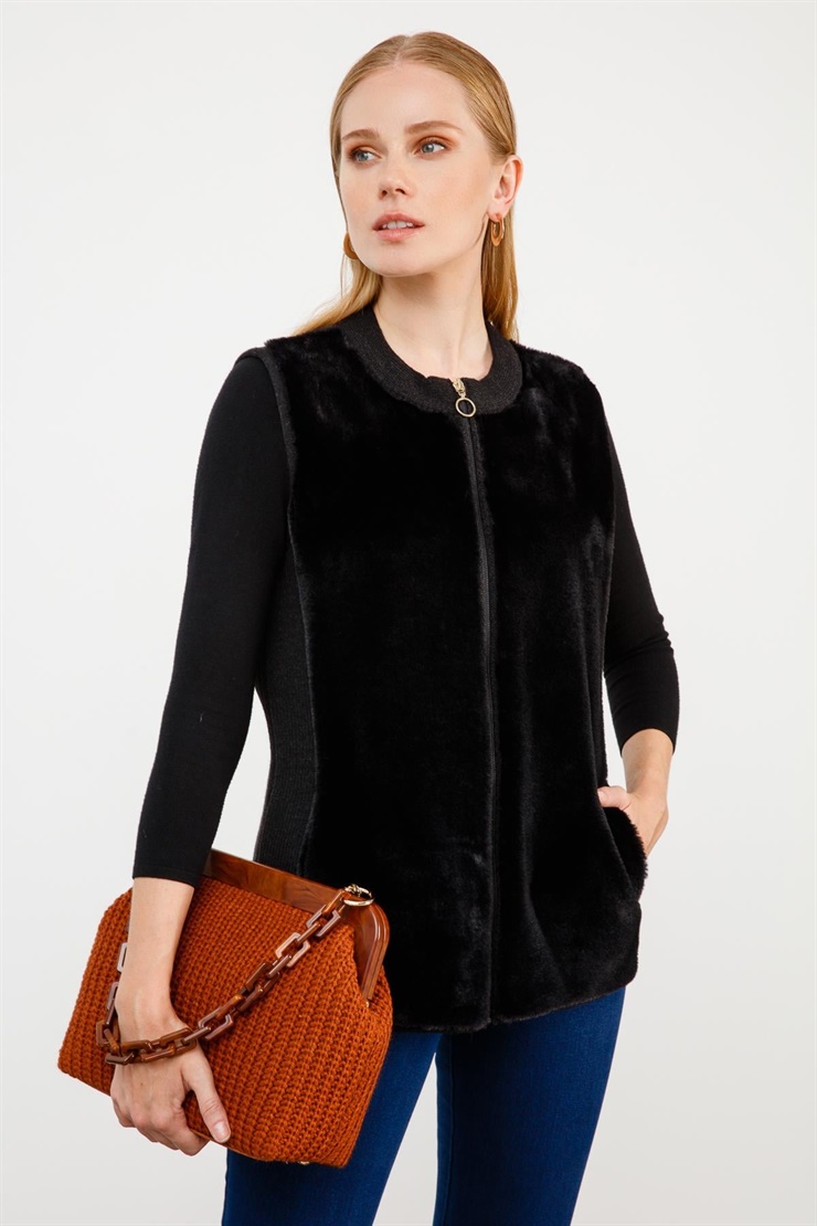 Mutlu Ertan Kadın Kürklü  Fermuarlı Triko Yelek Siyah 2716