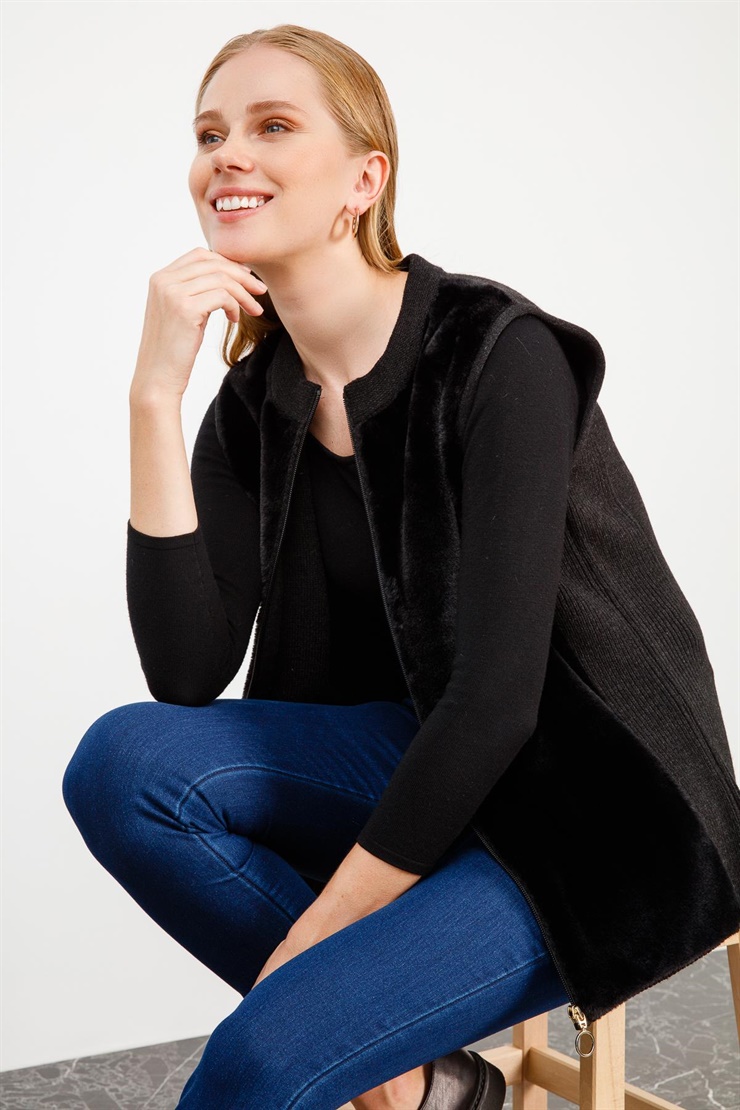 Mutlu Ertan Kadın Kürklü  Fermuarlı Triko Yelek Siyah 2716