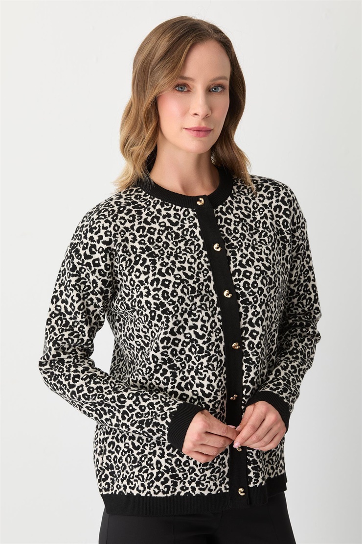 Mutlu Ertan Kadın Leoparlı Triko Düğmeli  Hırka Ekru - Siyah 20295