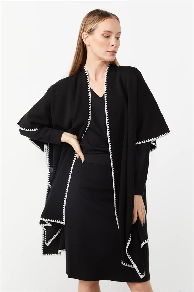 Mutlu Ertan Kadın Merrow Detaylı Triko Panço Şal Siyah 20095