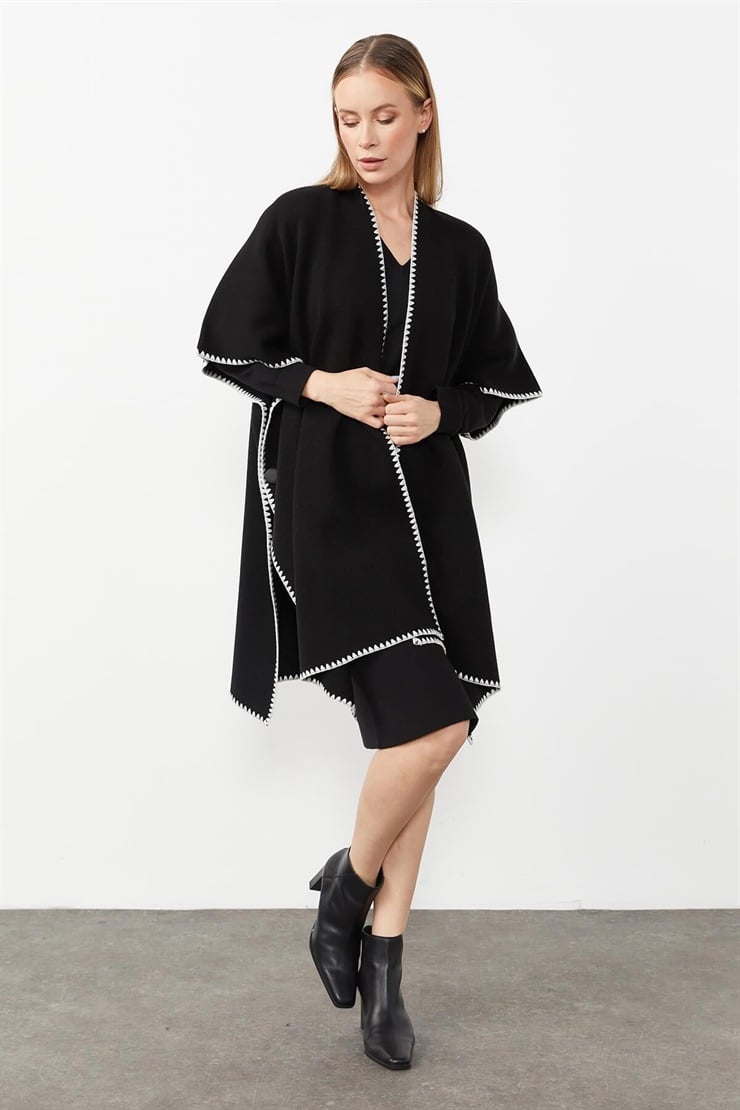 Mutlu Ertan Kadın Merrow Detaylı Triko Panço Şal Siyah 20095