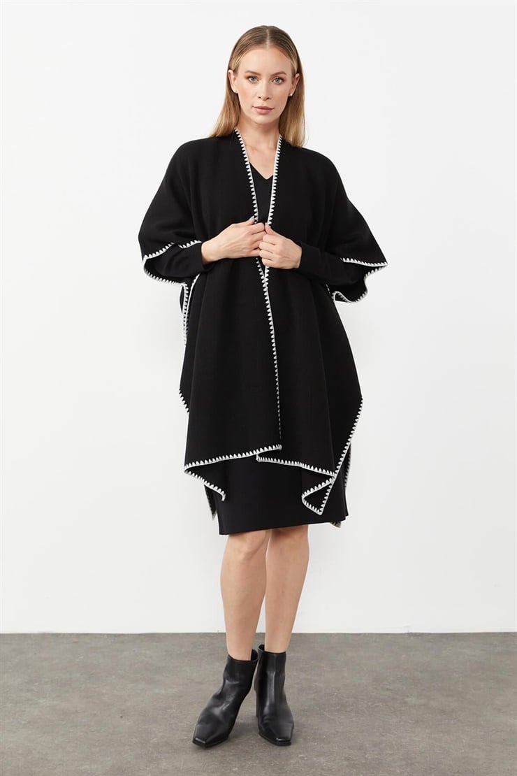 Mutlu Ertan Kadın Merrow Detaylı Triko Panço Şal Siyah 20095