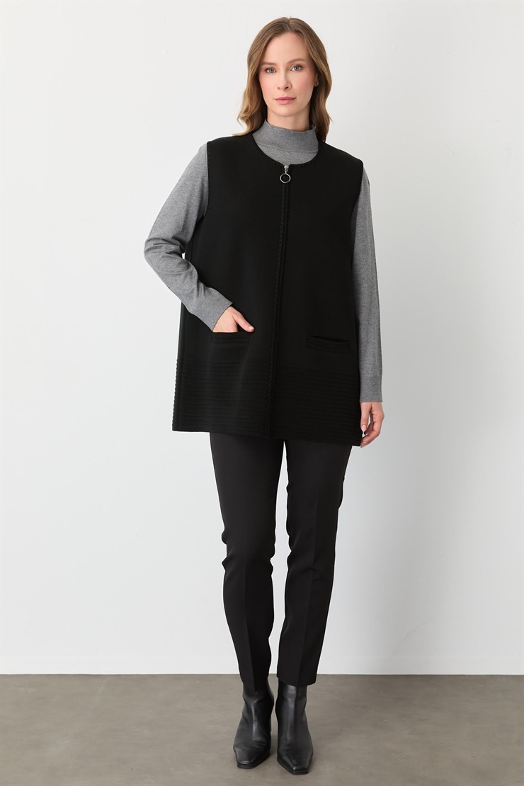 Mutlu Ertan Kadın Merrow Fermuarlı Cepli Yelek Siyah-Bordo 20283