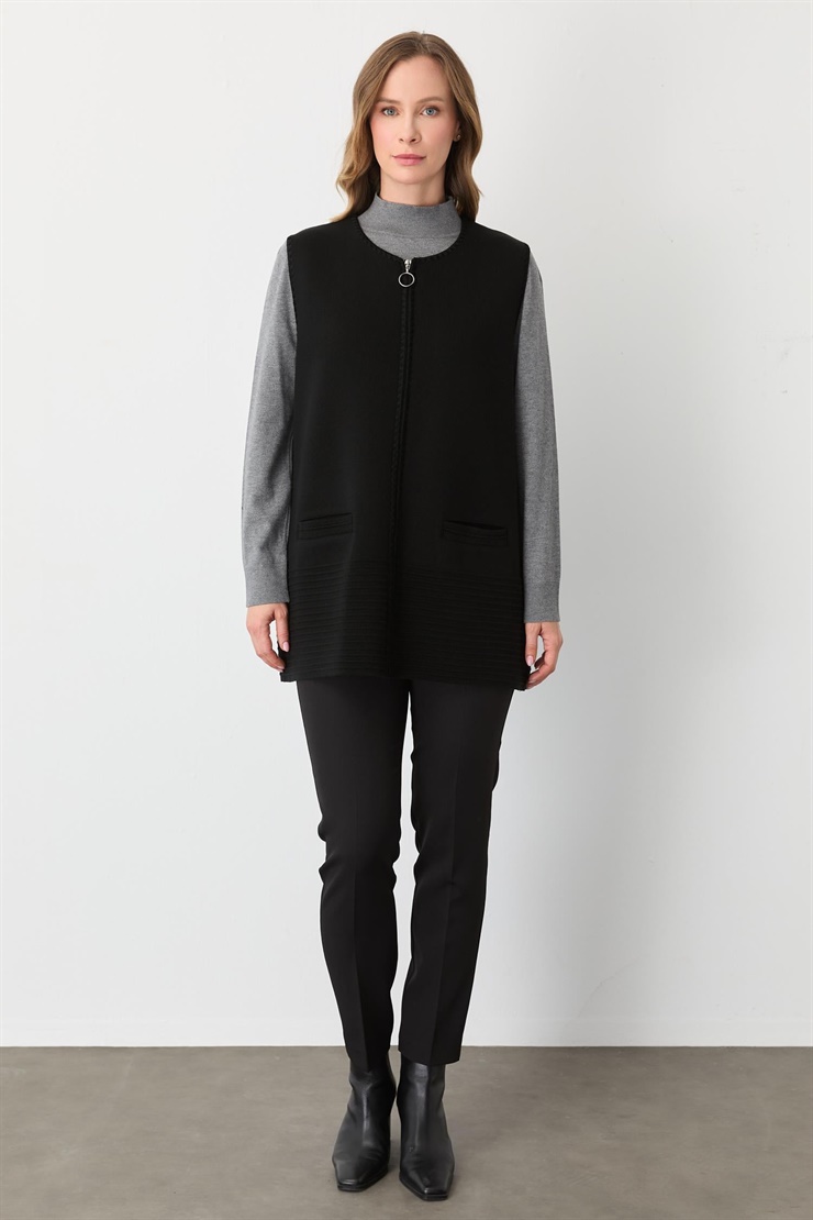 Mutlu Ertan Kadın Merrow Fermuarlı Cepli Yelek Siyah-Bordo 20283