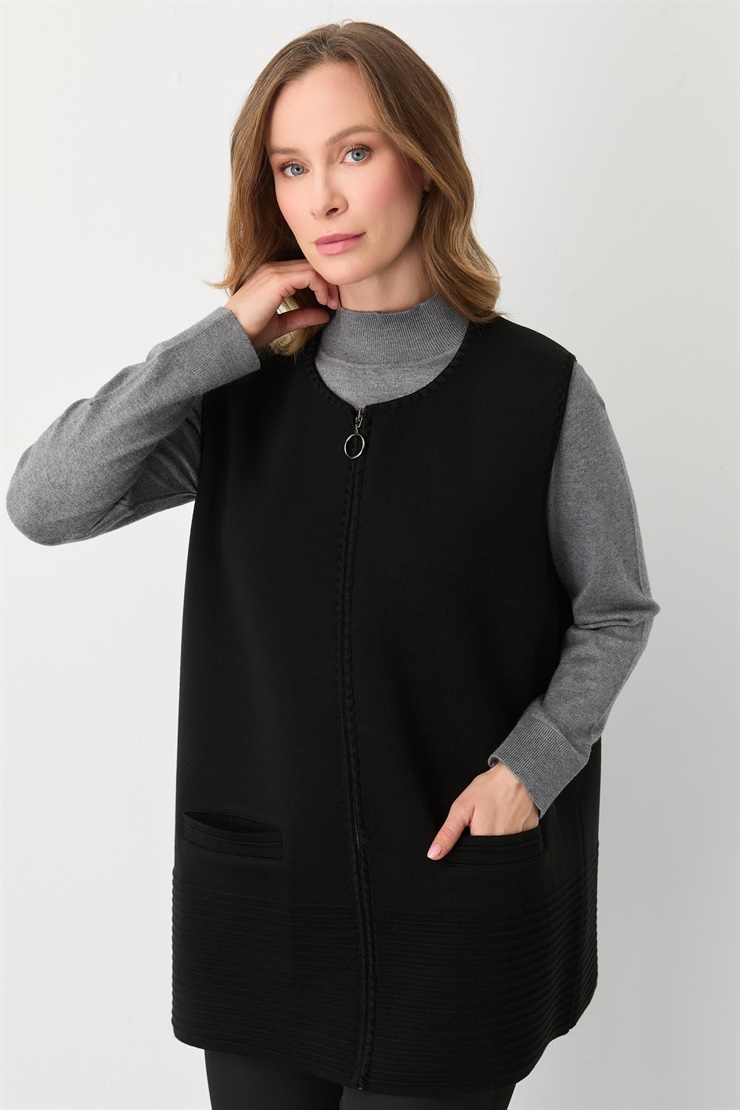 Mutlu Ertan Kadın Merrow Fermuarlı Cepli Yelek Siyah-Bordo 20283