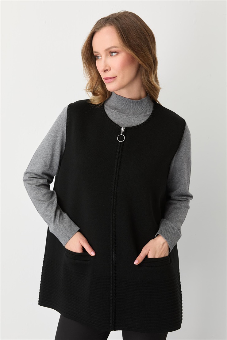 Mutlu Ertan Kadın Merrow Fermuarlı Cepli Yelek Siyah-Bordo 20283