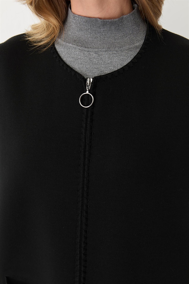 Mutlu Ertan Kadın Merrow Fermuarlı Cepli Yelek Siyah-Bordo 20283