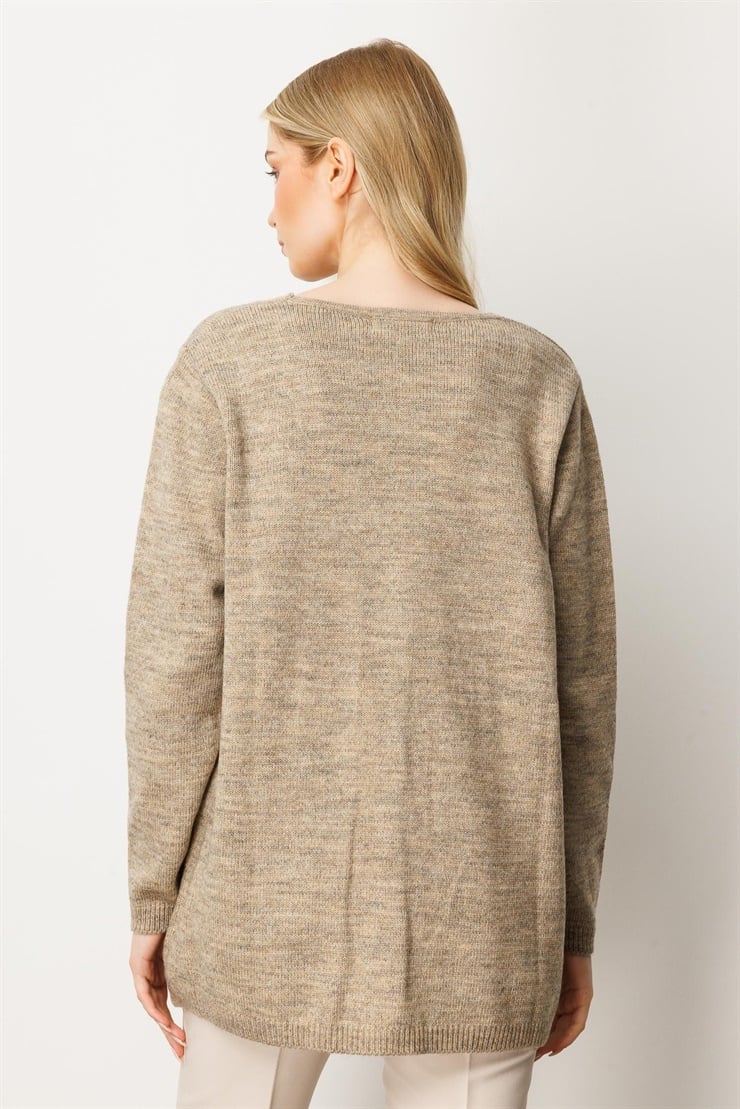 Mutlu Ertan Kadın Nakış Detaylı Triko Hırka Vizon 20221