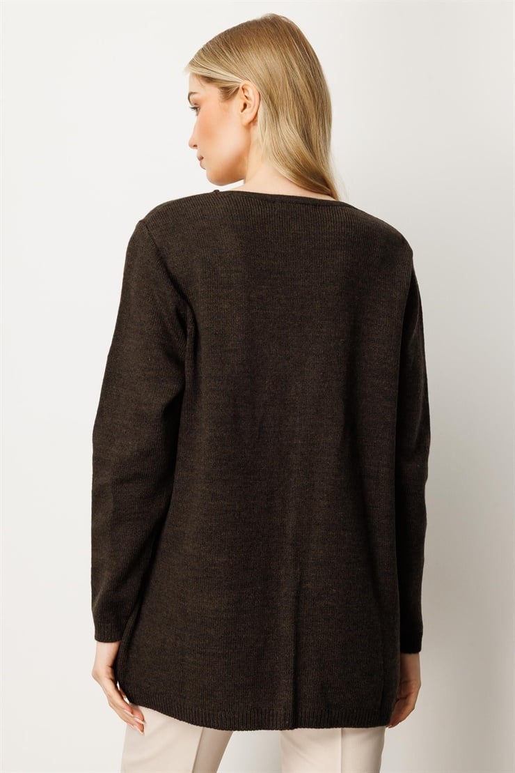 Mutlu Ertan Kadın Nakış Detaylı Triko Hırka Kahve 20221