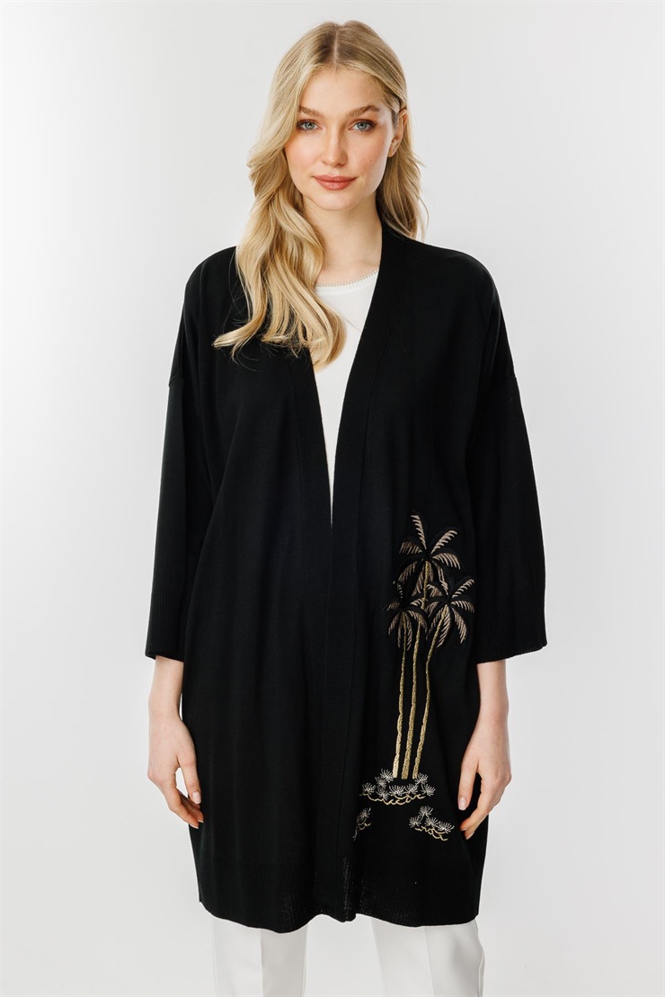 Mutlu Ertan Kadın Nakışlı Truvakar Kol Hırka Siyah 20169