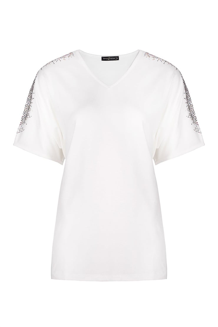 Mutlu Ertan Kadın Omzu Taşlı Penye Bluz Ekru 3512