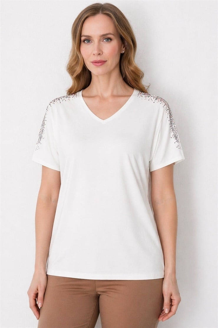 Mutlu Ertan Kadın Omzu Taşlı Penye Bluz Ekru 3512