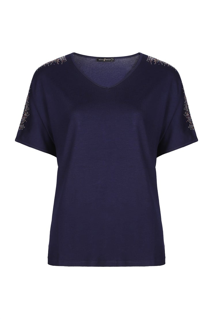 Mutlu Ertan Kadın Omzu Taşlı Penye Bluz Lacivert 3512