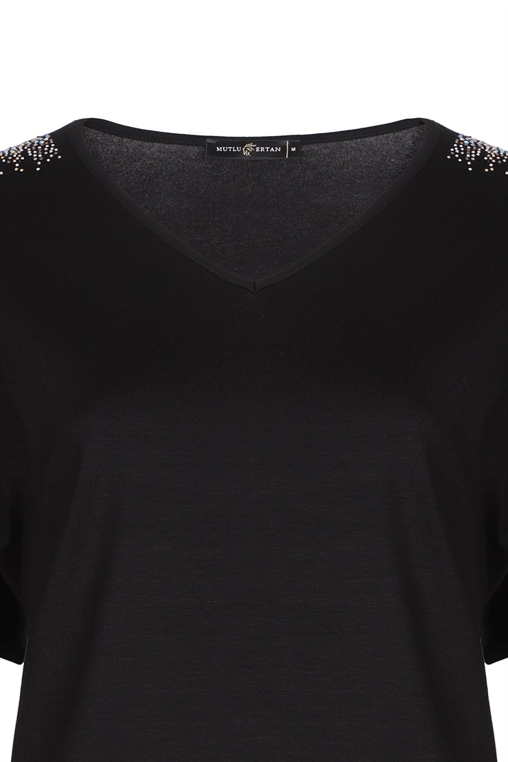 Mutlu Ertan Kadın Omzu Taşlı Penye Bluz Siyah 3512
