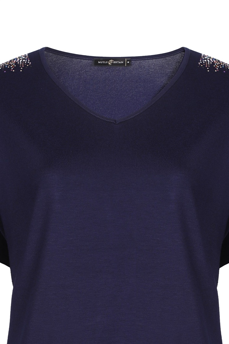 Mutlu Ertan Kadın Omzu Taşlı Penye Bluz Lacivert 3512